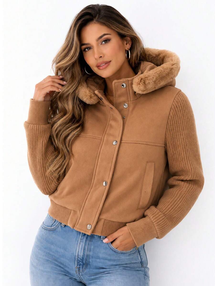 Women's Jacket With Fleece Hood And Ribbed Sleeves - Comfortable, Versatile And Stylish For Cold Weather - Camel - View 1