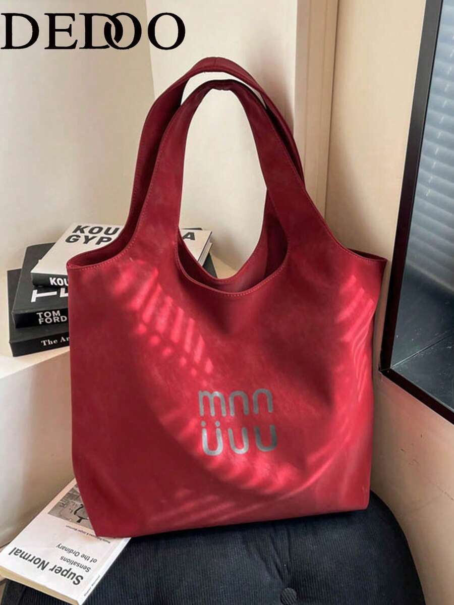 Dedoo 女款大容量單肩托特包,字母印花金屬感皮革,適合年輕女性日常通勤、購物、休閒手提包,四季皆宜 - 紅色 - 查看 1