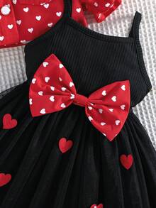 2pcs/Set Little Girl Princess Dress Gift Heart Print Fashionable Lapel Puff Sleeve Short Jacket With Bow Strap Tulle Skirt - Red - View 7
