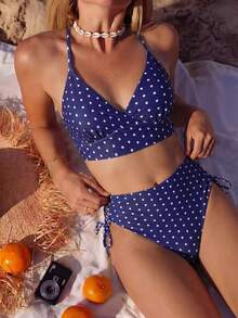 2026 Summer New Fashion Polka Dot Print Criss-Cross Back Tie + Side Criss-Cross Tie Women Bikini Set Vacation Beach - Multicolor - View 3
