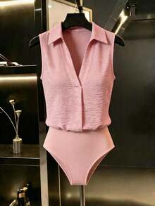 Mono blanco holgado sin mangas con cuello de camisa y escote en V, de tela arrugada, estilo casual, minimalista y de vacaciones, mono de una sola pieza, nueva llegada 2026 - Rosa - Ver 1