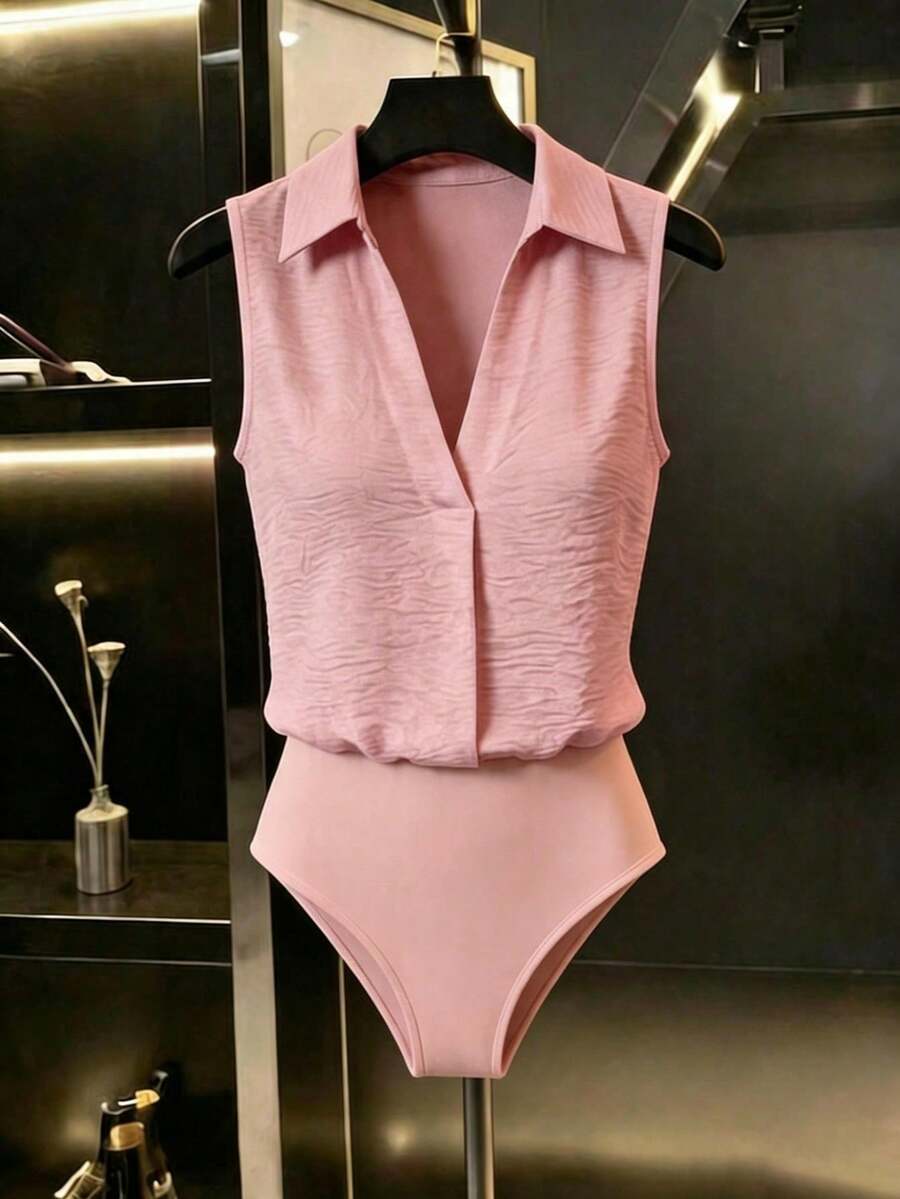Mono blanco holgado sin mangas con cuello de camisa y escote en V, de tela arrugada, estilo casual, minimalista y de vacaciones, mono de una sola pieza, nueva llegada 2026 - Rosa - Ver 1