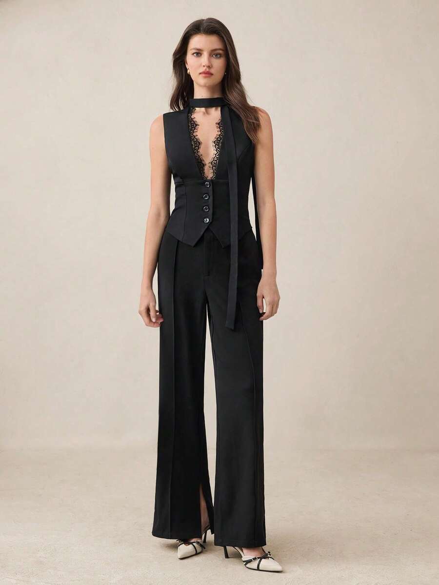 xheBizChic Chaleco con cuello en V, recorte de encaje, parche delantero con botones y cintura con lazo, elegante para oficina y uso diario para mujeresxhe - Negro 2 - Ver 1