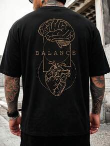 Camiseta de Cuello Redondo Estilo Urbano para Hombre Fractyr, Estampado Artístico de Anatomía Cerebral y Cardíaca "BALANCE", Camiseta Holgada Casual de Manga Corta - Negro - Ver 1