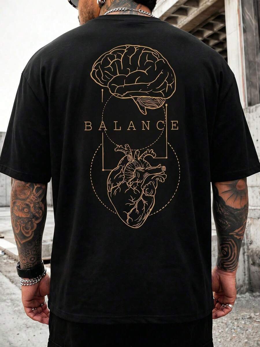 Camiseta de Cuello Redondo Estilo Urbano para Hombre Fractyr, Estampado Artístico de Anatomía Cerebral y Cardíaca "BALANCE", Camiseta Holgada Casual de Manga Corta - Negro - Ver 1