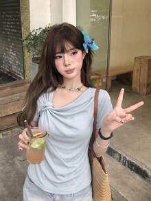 小巧香港風結飾不對稱甜美百褶修身短袖T恤休閒款 - 藍色 - 查看 2