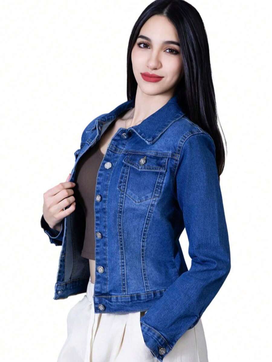 Chaqueta Clásica de Tela de Mezclilla para Mujer con Botones Metálicos y Bolsillos Frontales, Prenda Versátil de Corte Ajustado y Costuras Reforzadas para un Estilo Casual y Moderno - Azul HQV01 - Ver 1