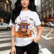 Camiseta de mujer con estampado divertido de búfalo bruja y calaveras de Halloween - camiseta casual de manga corta con ajuste cómodo y fresco, estilo urbano festivo para la calle y fiestas - regalo ideal para mamá, esposa, novia, hermana mayor y her - Blanco - Ver 10