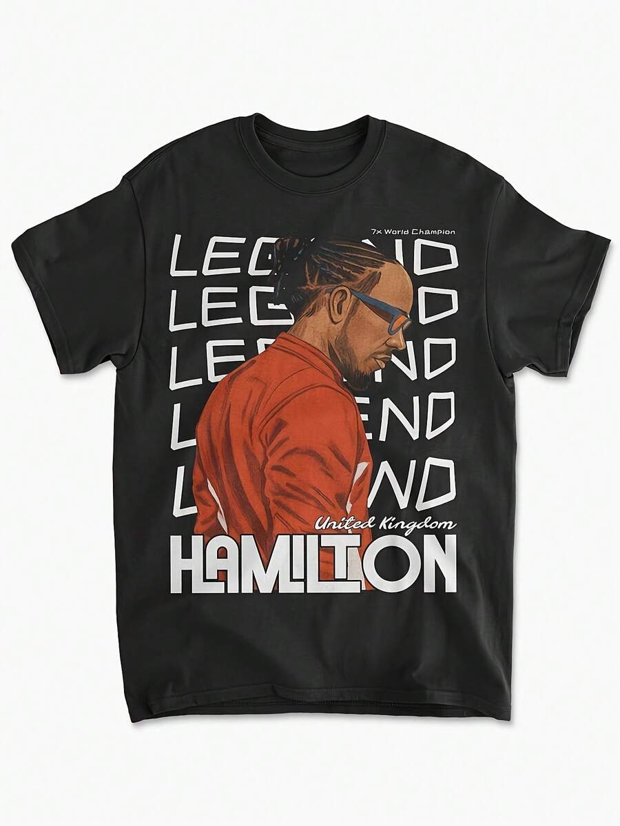 Hamilton-Style Street Racing Shirt | Italian Racing Team Merchandise, Motorsport Apparel, Racing Fan Gear, Unisex T-Shirt, Crew Neck, All Seasons, Regular Fit, Geometric Print. - 黑色 - 查看 1
