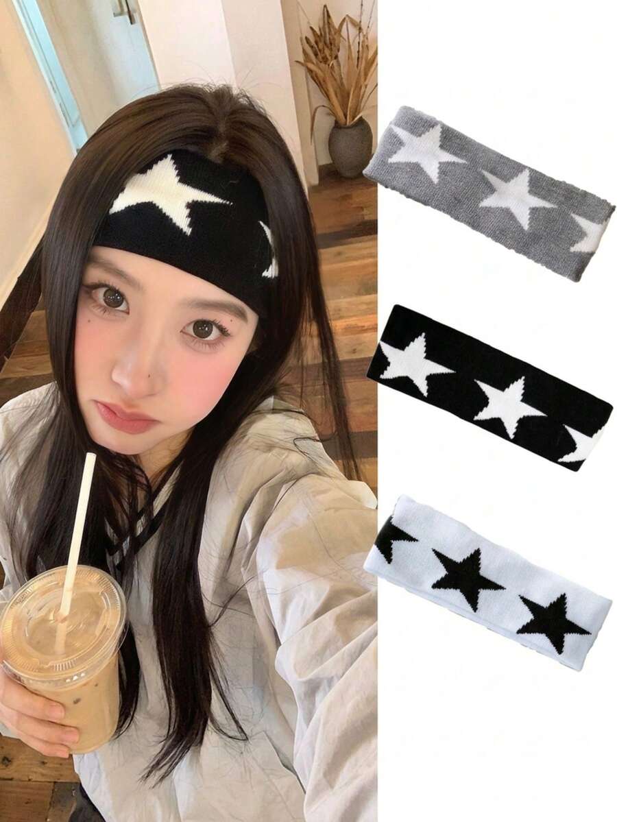 1/2/3件組 Y2K復古五角星針織寬版髮箍套組,高彈性加厚髮帶,百搭黑白灰配色,適合女孩與女性,適用洗臉、化妝、運動 - 彩色 - 查看 1