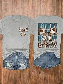Western Tops Women, Turquoise Bow-Knot Print Round Neck Short Sleeve Top, Gift For Mom, Western Cowgirl Style, Country Outfit, Summer Cowboy Tee, Free Shipping - 灰色 - 查看 7