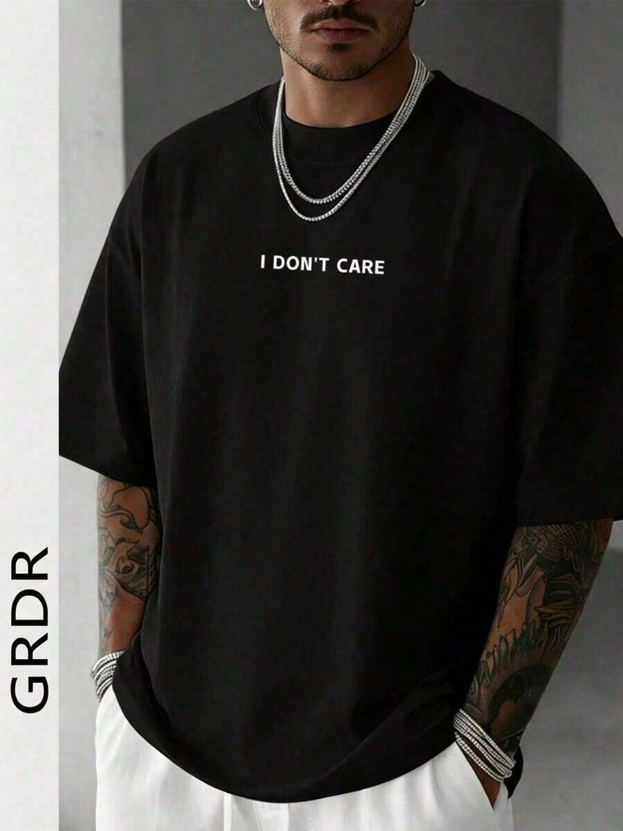 Camicia casual da uomo con collo rotondo e maniche corte con la scritta "I DON'T CARE", comoda e alla moda. Articolo molto richiesto.