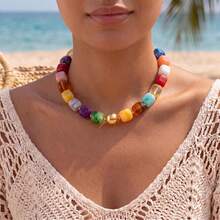 Women's Colorful Acrylic Beaded Necklace, Bohemian Style Heart & Starfish Pendant Necklace, Adjustable, Summer Beach Vacation Jewelry Gift - Multicolor - View 2
