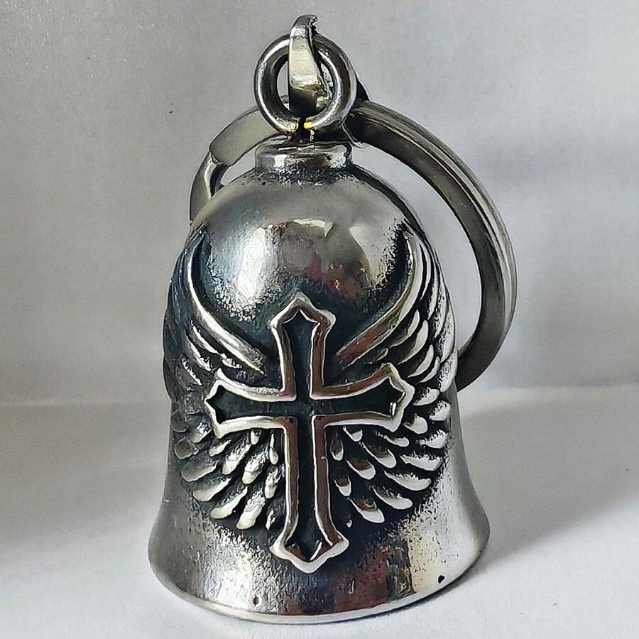 AD 天使不鏽鋼驅邪鈴鐺,復古龐克騎行裝飾鈴,淺灰色通用 Mod 配件,適用摩托車、自行車,翅膀十字造型 - 飛翼十字 - 查看 1