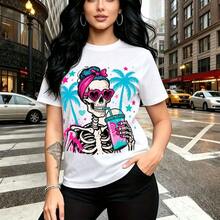 Camiseta de mujer con estampado colorido de calavera con gafas de sol en forma de corazón rosa y lazo tropical estilo Día de Muertos - diseño divertido y fresco, ajuste cómodo para todo el día, ideal para fiestas temáticas, salidas a la playa, evento - Blanco - Ver 8