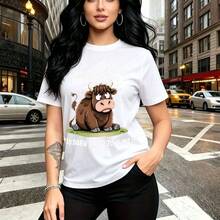 Camiseta de mujer con estampado divertido de vaca marrón y frase humorística "I WILL NEVER BE DEP OVER THE HILL" - camiseta casual de manga corta, ajuste cómodo y relajado, estilo urbano y moderno - ideal para paseos por la ciudad, salidas casuales c - Blanco - Ver 11