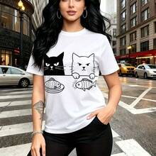 Camiseta de mujer con estampado de dos gatos negros, diseño moderno y urbano - camiseta casual de manga corta con ajuste cómodo y estilo fresco, ideal para pasear por la ciudad o días lluviosos - regalo perfecto para mamá, esposa, novia, hermana mayo - Blanco - Ver 9