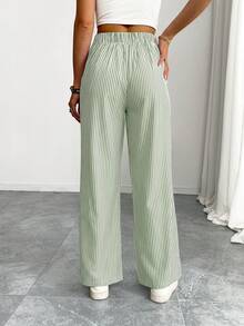 Women's Elegant Casual Striped Pocket Straight Leg Pants, Spring/Summer - Olive Green - View 6