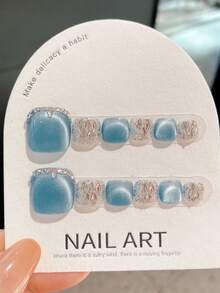 12pcs Handmade Summer Ocean Blue Toe Nails, Deep Sea Blue Mini Iceland Fake Toe Nails, Short Toe Nail Art, Valentine's Day Gift, Round Style Suitable For Spring And Summer, Removable And Reusable - Watermelon Pink - View 1
