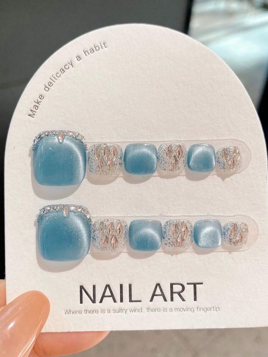 12pcs Handmade Summer Ocean Blue Toe Nails, Deep Sea Blue Mini Iceland Fake Toe Nails, Short Toe Nail Art, Valentine's Day Gift, Round Style Suitable For Spring And Summer, Removable And Reusable - Watermelon Pink - View 1