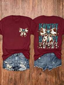 Western Tops Women, Turquoise Bow-Knot Print Round Neck Short Sleeve Top, Gift For Mom, Western Cowgirl Style, Country Outfit, Summer Cowboy Tee, Free Shipping - 酒紅色 - 查看 5