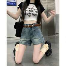 Vintage A-Word Wide-Leg Denim Shorts Women's Summer Year New Thin Student Loose High-Waisted Hot Pants  Summer Fashion - 淺藍色 - 查看 9