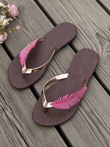 Neue modische Damen Flachsandalen mit Blatt-Strass-Verzierung aus PU-Leder, Damen Flachsandalen, Damensandalen für Strand, Urlaub, Hochzeit, Ferien, Party, Sommer - Rosenrot - Übersicht 3
