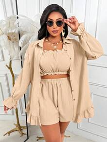 AIJ Plus Size Women Casual Set, Includes Ruffle Hem And Front Button Collar Blouse Elegant Summer - Apricot - View 4
