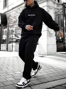 Men Letter Graphic Kangaroo Pocket Drop Shoulder Hoodie, Fall, Long Sleeve Top - Black - View 3