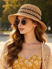 1pc Polyester Bohemian Straw Hat, Fashion New Brim Design, Breathable Outdoor Sun Protection Hat, Suitable For Daily Outdoor Use - Multicolor - View 7