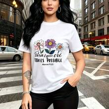 Camiseta de mujer con estampado de flores coloridas y frase inspiradora "Believe all things are possible" - diseño casual de manga corta, ajuste cómodo y estilo urbano moderno - ideal para paseos por la ciudad, reuniones familiares y regalo perfecto - Blanco - Ver 9