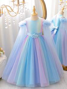 Vestido largo estilo hada para niñas, nueva llegada de verano, 3-12 años, falda de malla con degradado arcoíris soñador y elementos florales, vestido de princesa línea A multicapa para niñas, diseño de chal dulce, adecuado para primer cumpleaños, niña de las flores en boda, fiesta, reunión, ocasiones formales, vestido de noche novedoso - Azul - Ver 3