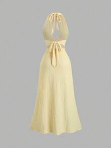 Solid Color Bodycon Dress With Deep V-Neck, Open Back And Sensual Side Slit - Yellow - View 1