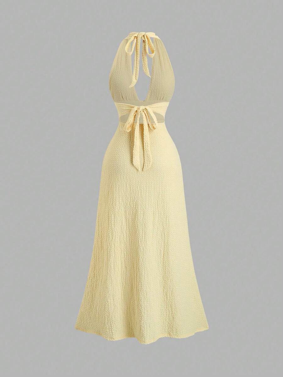 Solid Color Bodycon Dress With Deep V-Neck, Open Back And Sensual Side Slit - Yellow - View 1