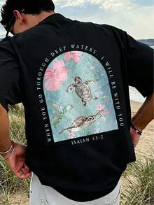 JINYA Men's Summer Daily Wear Oceanic Spiritual Artistic American Street Healing Style Three Sea Turtles Graphic Round Neck Short Sleeve T-Shirt, Suitable For Home, Outdoor, City, Casual, Youth, Minimalist, Campus, Retro, Versatile, Textured, Personalized, Sports - Black - View 1