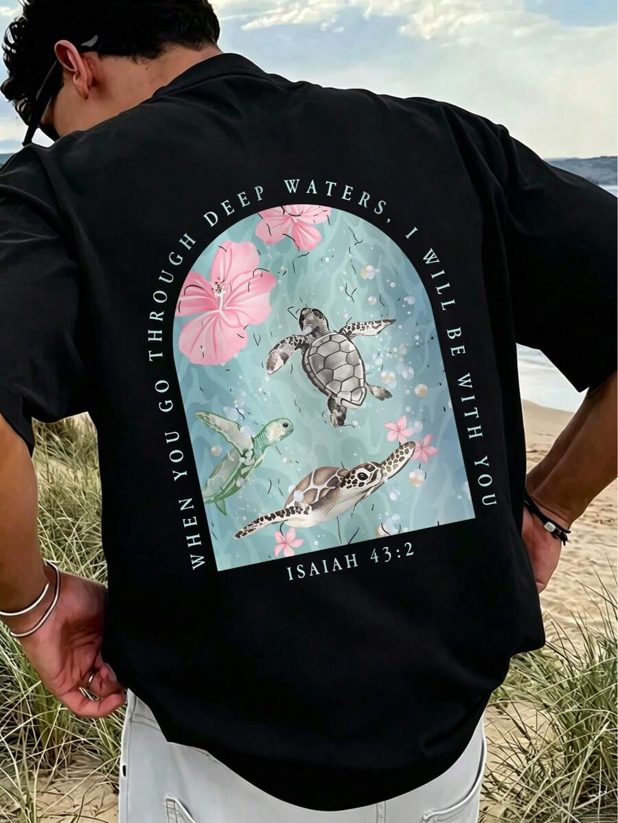 JINYA Men's Summer Daily Wear Oceanic Spiritual Artistic American Street Healing Style Three Sea Turtles Graphic Round Neck Short Sleeve T-Shirt, Suitable For Home, Outdoor, City, Casual, Youth, Minimalist, Campus, Retro, Versatile, Textured, Personalized, Sports - Black - View 1