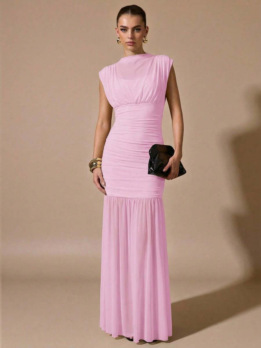 Vestido negro envolvente de gasa elegante con pliegues, adecuado para citas románticas, fiestas, eventos formales, vestidos de dama de honor, vestido de verano para mujer, vestido para té, Año Nuevo, Día de San Valentín, vestido mini de cumpleaños - Rosa Pálido - Ver 1