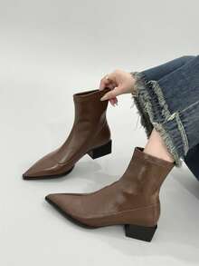 2025 Autumn/Winter New Pointed Toe European And American Style Ankle Boots For Women, Chunky Heel Slim Fit Boots, Niche Design Boots - Brown - View 10