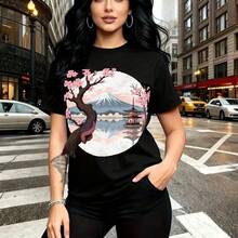 Camiseta de mujer con estampado del Monte  y cerezos en flor estilo japonés - diseño sereno con pagoda y reflejos, ajuste cómodo y fresco ideal para el día a día urbano - regalo perfecto para mamá, esposa, novia, hermana mayor y hermana menor con - Negro - Ver 8