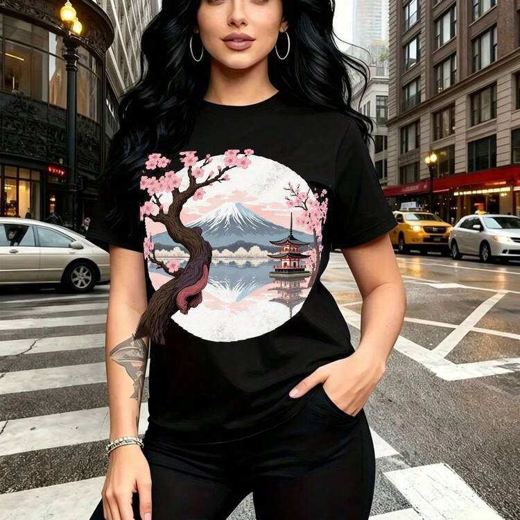 Camiseta de mujer con estampado del Monte  y cerezos en flor estilo japonés - diseño sereno con pagoda y reflejos, ajuste cómodo y fresco ideal para el día a día urbano - regalo perfecto para mamá, esposa, novia, hermana mayor y hermana menor con - Negro - Añade 8