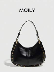 Punk Street Style Rivet Adjustable Strap Women Crossbody Saddle Bag - Black - View 4