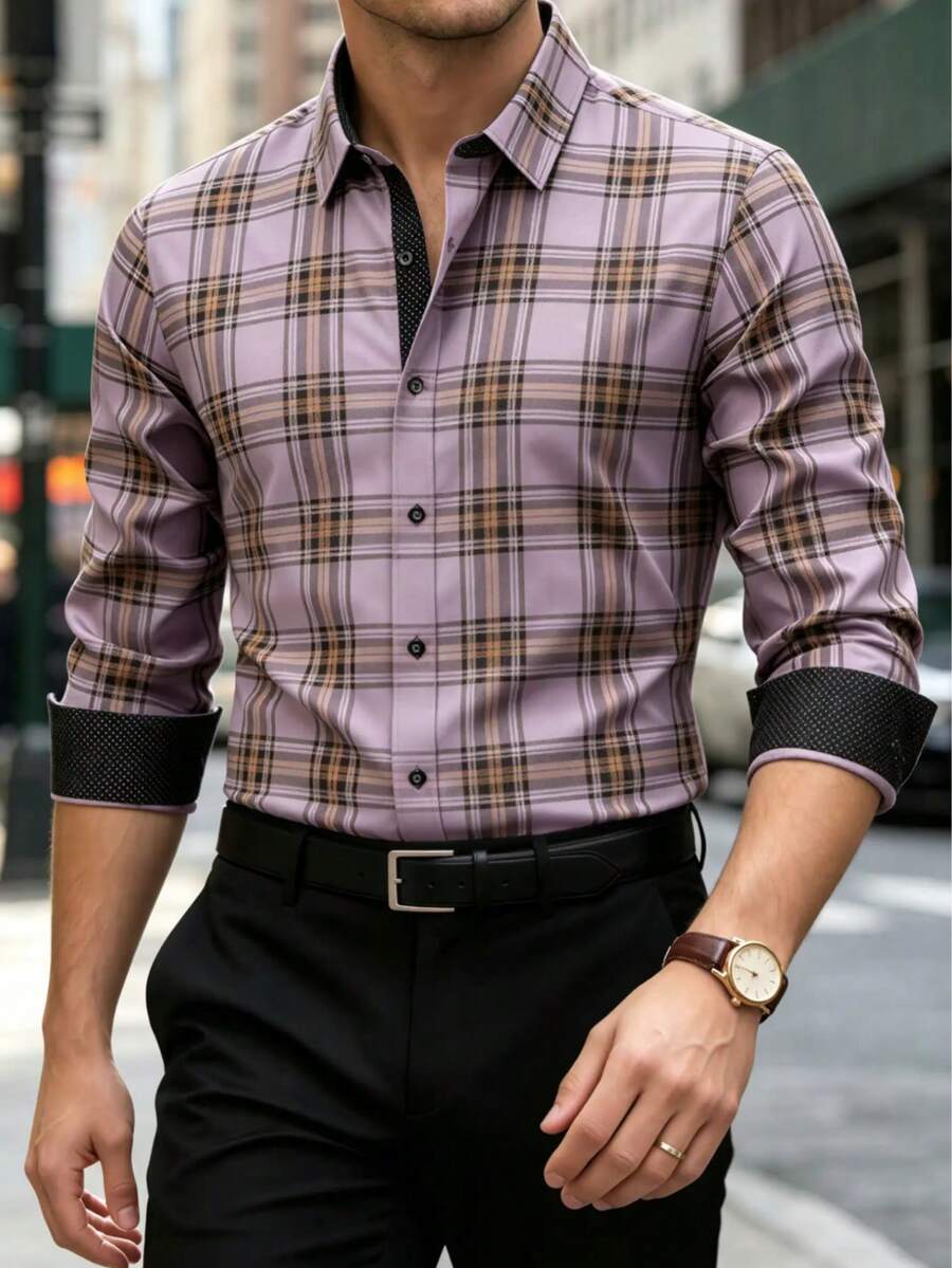 Men's Business Casual Plaid Long Sleeve Shirt - Multicolor - View 1