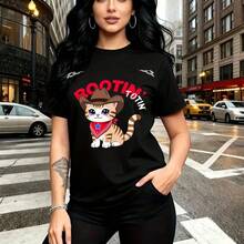Camiseta de mujer con estampado de gato cartoon vaquero con sombrero y pañuelo rojo y texto "ROOTIN' TOOTIN'" - camiseta casual de manga corta, ajuste cómodo y fresco, estilo urbano divertido - ideal para paseos por la ciudad, compras y regalo perfec - Negro - Ver 9