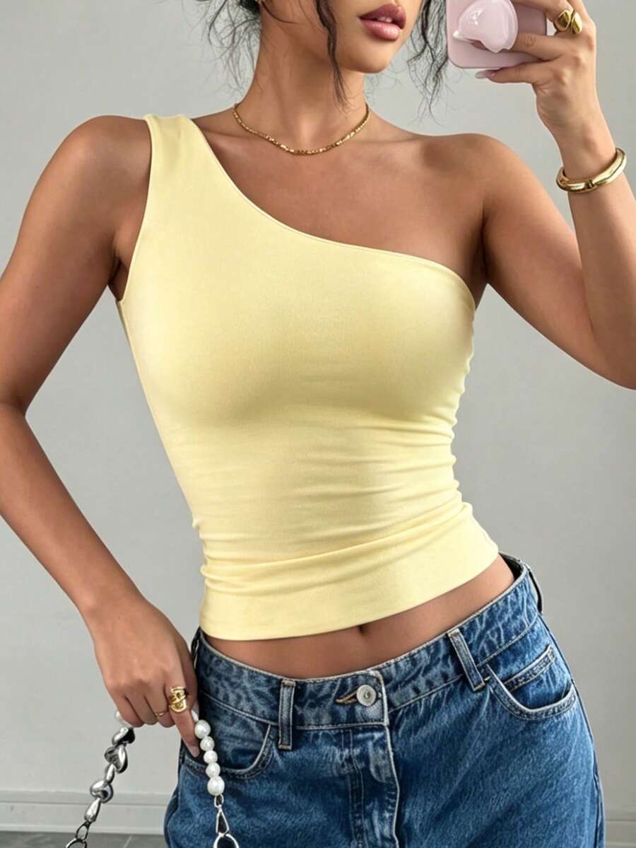 XLLAIS 情人節黃色單肩上衣,高彈性雙層休閒修身女款上衣,派對上衣夏季 - 黃色 - 查看 1