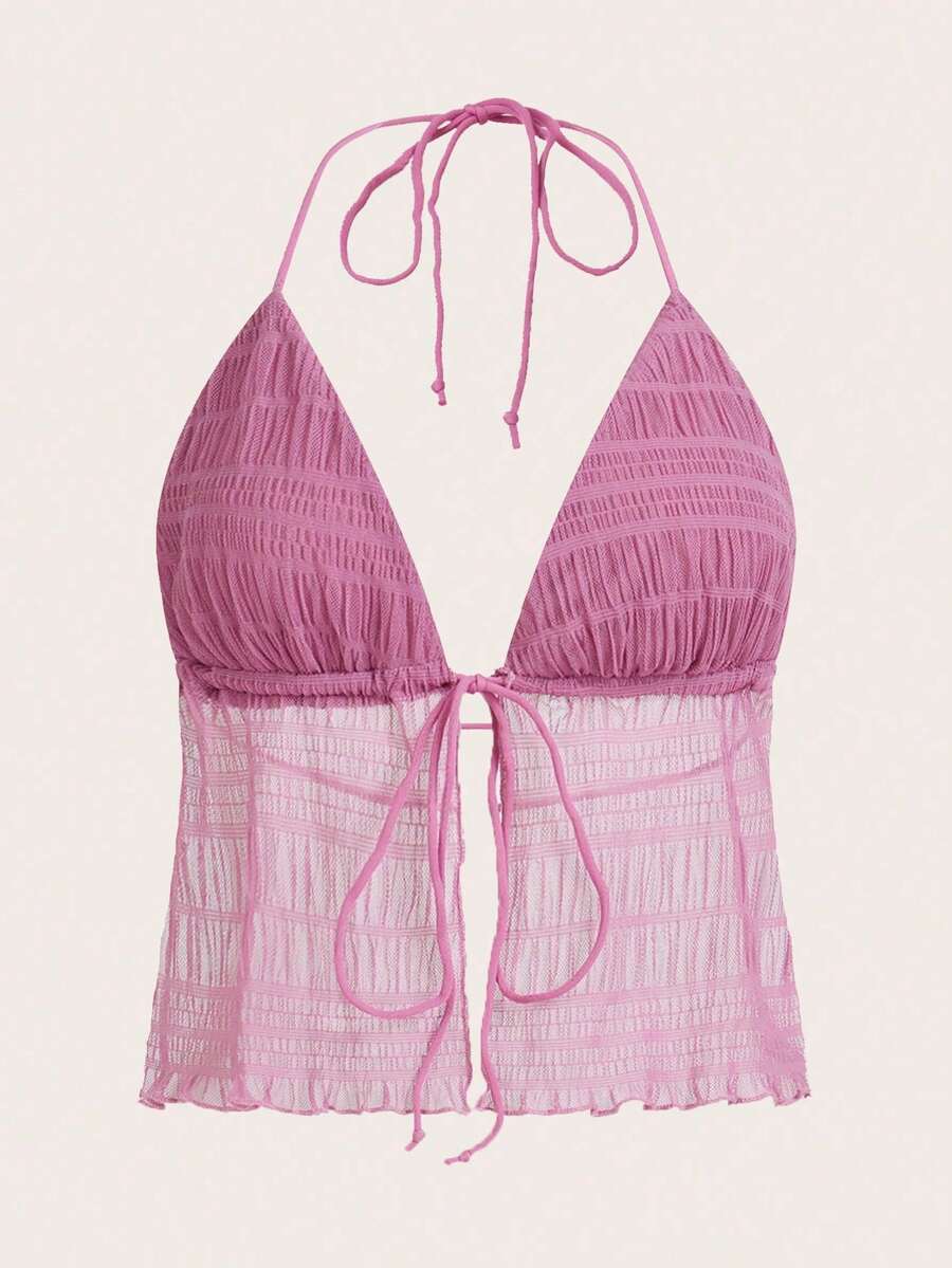 ICON Top halter de malla sin espalda con lazo dividido en el dobladillo, estilo Y2K - Rosa - Ver 1