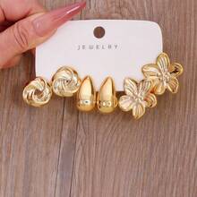 1 Set 9 Pairs/3 Pairs Minimalist Metallic Texture Earrings, With Textured Shell Starfish And Water Drop Studs, Vintage Fashion Multi-Piece Earring Set Suitable For Daily And Party Wear - Yellow Gold - View 2