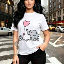 Camiseta de mujer con estampado tierno de elefantes grises y corazones rosas - camiseta casual de manga corta, ajuste cómodo y moderno, estilo urbano para caminar por la ciudad - ideal para el Día de la Madre, Día de la Mujer, cumpleaños o regalo per - Blanco - Ver 7