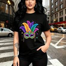 Camiseta de mujer con estampado vibrante de máscara de Mardi Gras y plumas multicolores - camiseta casual de cuello redondo, ajuste cómodo y elegante, estilo urbano festivo - ideal para celebraciones, salidas casuales y regalo perfecto para mamá, esp - Negro - Ver 9