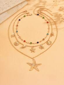 3pcs Summer Ocean Style Colorful Crystal Pendant Necklace Set, Includes Sealife Charm & Gold Chain, Suitable For Beach, Vacation, Daily Wear, Dates - Multicolor - View 2