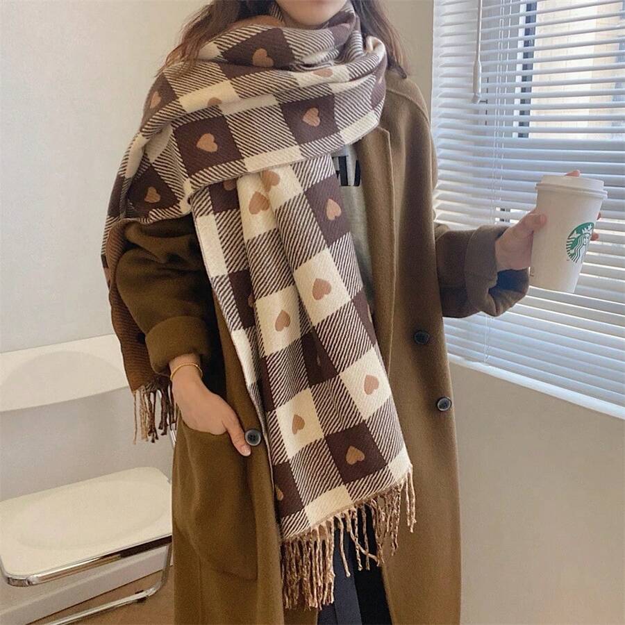 Cachecol Feminino Xadrez Corações Inverno Elegante Quente Macio Franjas Lenço Fashion Luxo - Castanho - Visão 1